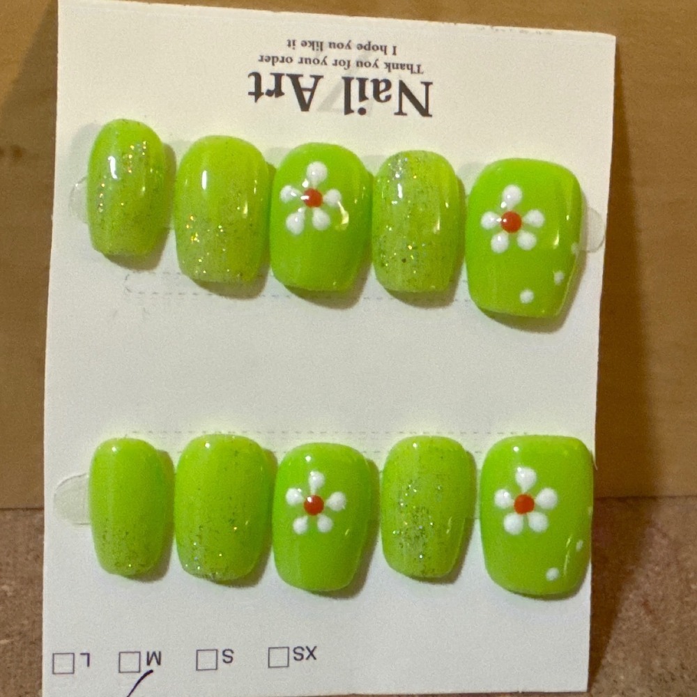 Lime Green Daisy Floral Press On Nails Glitter Accents Short Square Size Medium